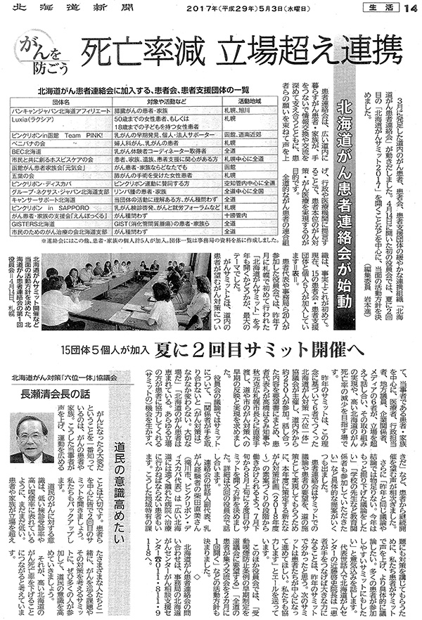 5月3日　北海道新聞　がんを防ごう　死亡率減　立場超え連携　北海道がん患者連絡会が始動